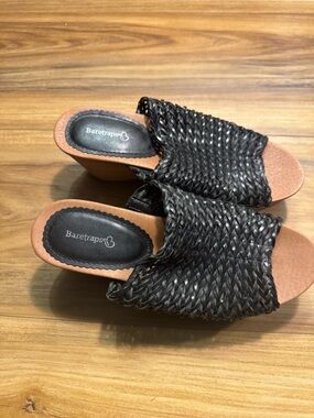 BareTraps Black Woven Slide Mules with Tan Footbed
